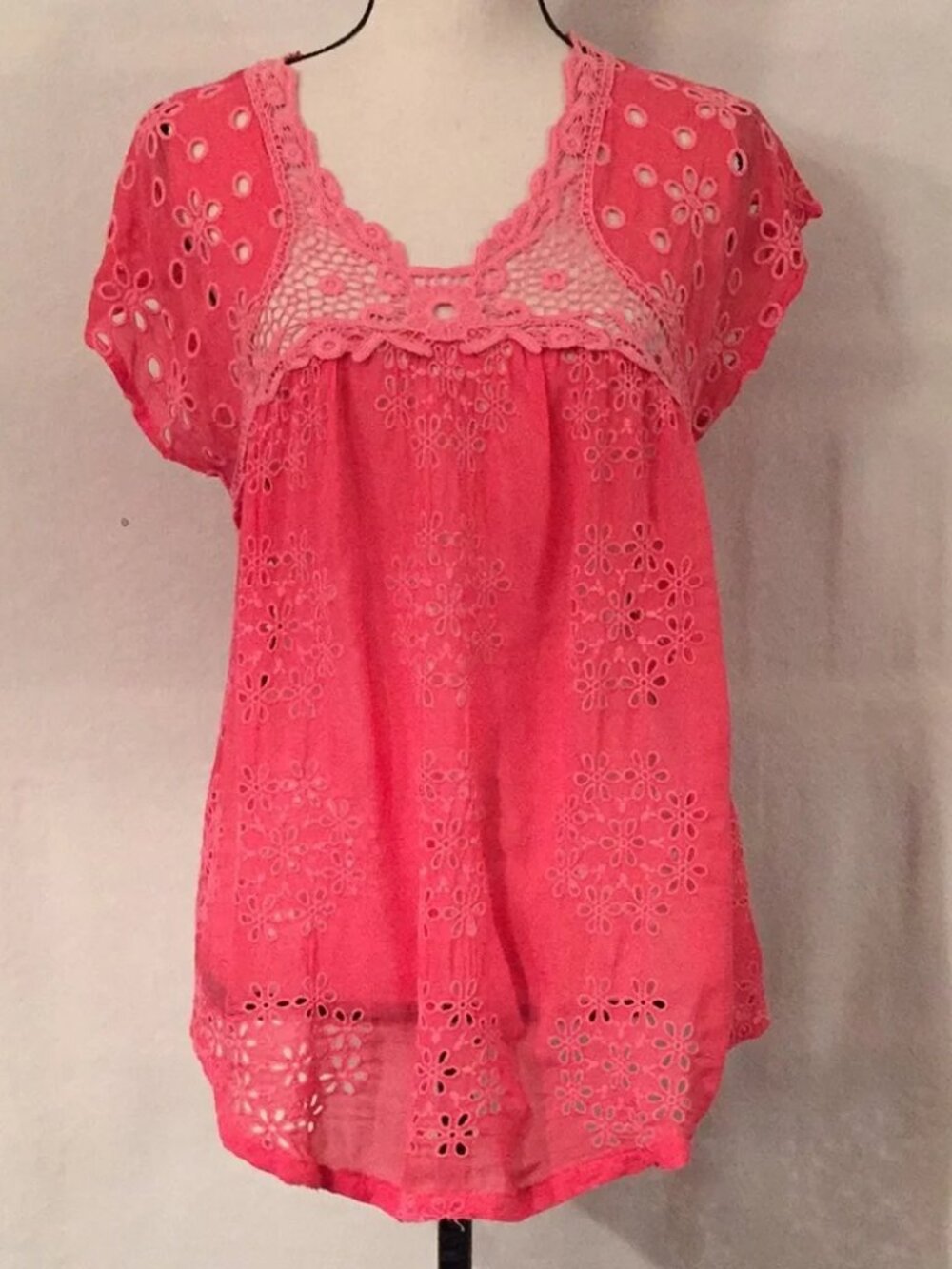 Johnny Was passion fruit pink floral eyelet cap sleeve blouse